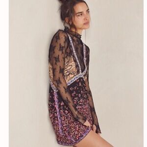 Free People Black Sheer Floral Embroidered Mini Dress